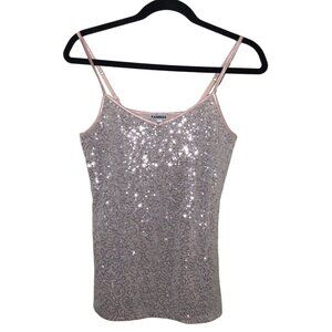 Express Cami Tank Top Women’s S Small Pink Silver Sequin Spaghetti Strap V Neck